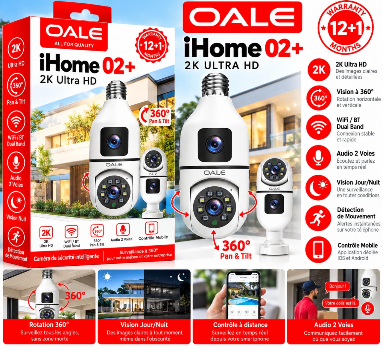 Caméra de surveillance OALE iHome 02+ – 2K, rotation 360°, Wi-Fi et vision nocturne