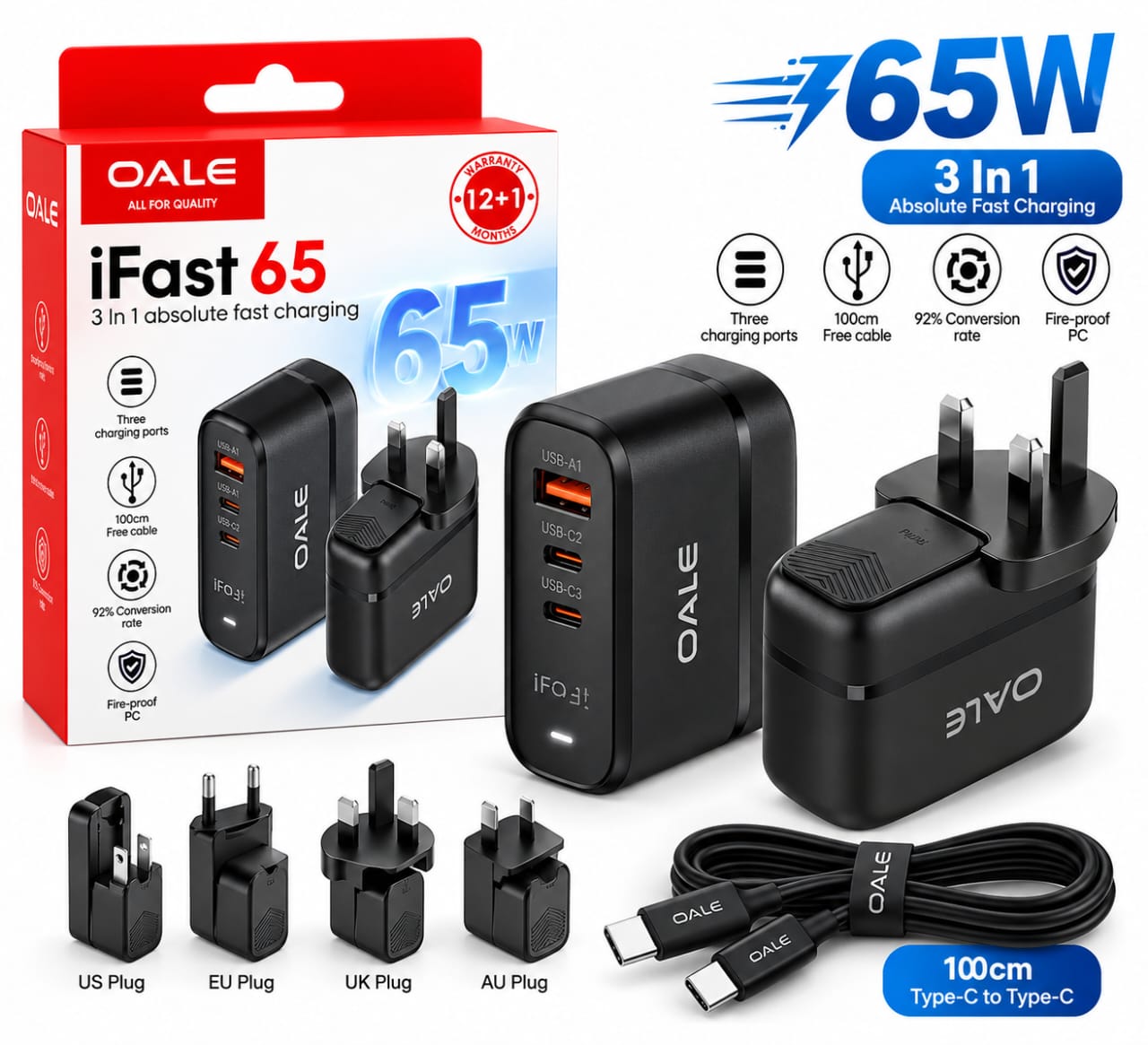 Chargeur OALE iFast 65W – 3 ports avec câble USB-C