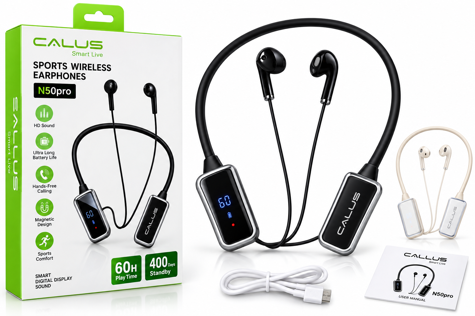 Écouteurs Bluetooth CALLUS N50 Pro – 60H d’Autonomie, Écran Digital & Micro