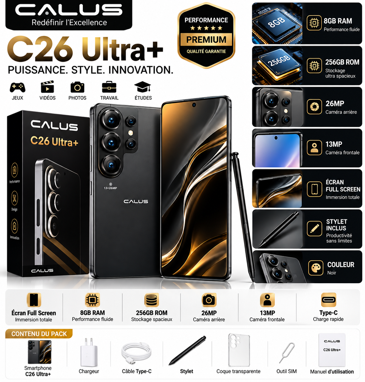 Smartphone CALUS C26 Ultra+ 8Go RAM + 256Go ROM – Écran Full Screen, Caméra 26MP + 13MP, Stylet Inclus