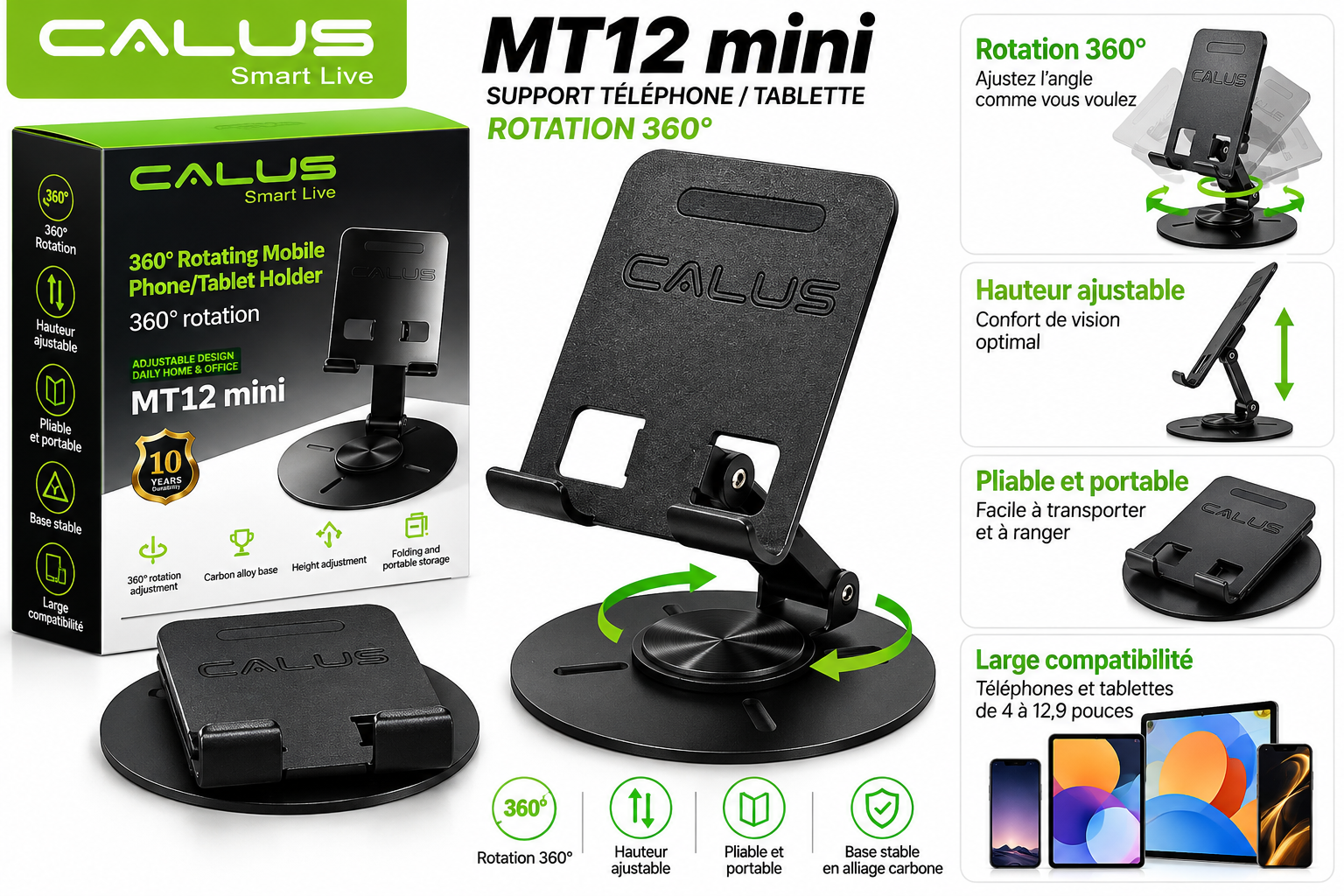 Support Téléphone & Tablette CALUS MT12 Mini – Rotation 360°, Hauteur Réglable, Pliable et Portable