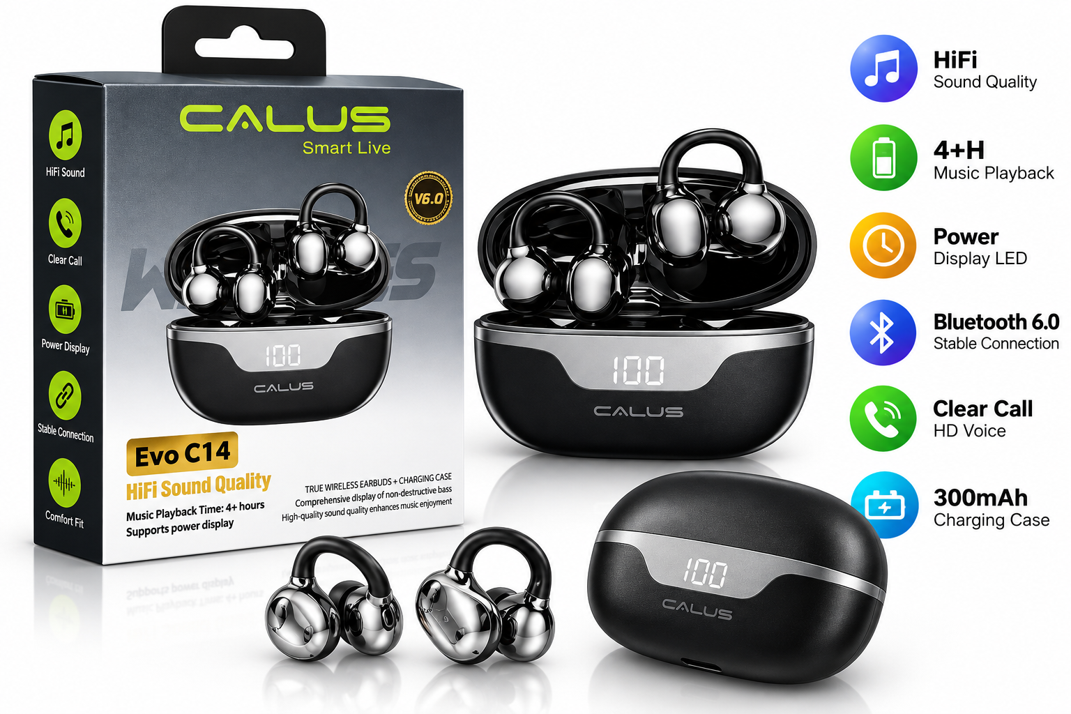 Écouteurs Bluetooth CALLUS Evo C14 – HiFi, Bluetooth 6.0 & Écran LED